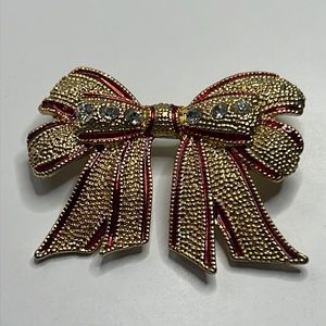 Vintage Christmas Ribbon / Bow Brooch | Red Enamel Clear Rhinestones Gold Tone